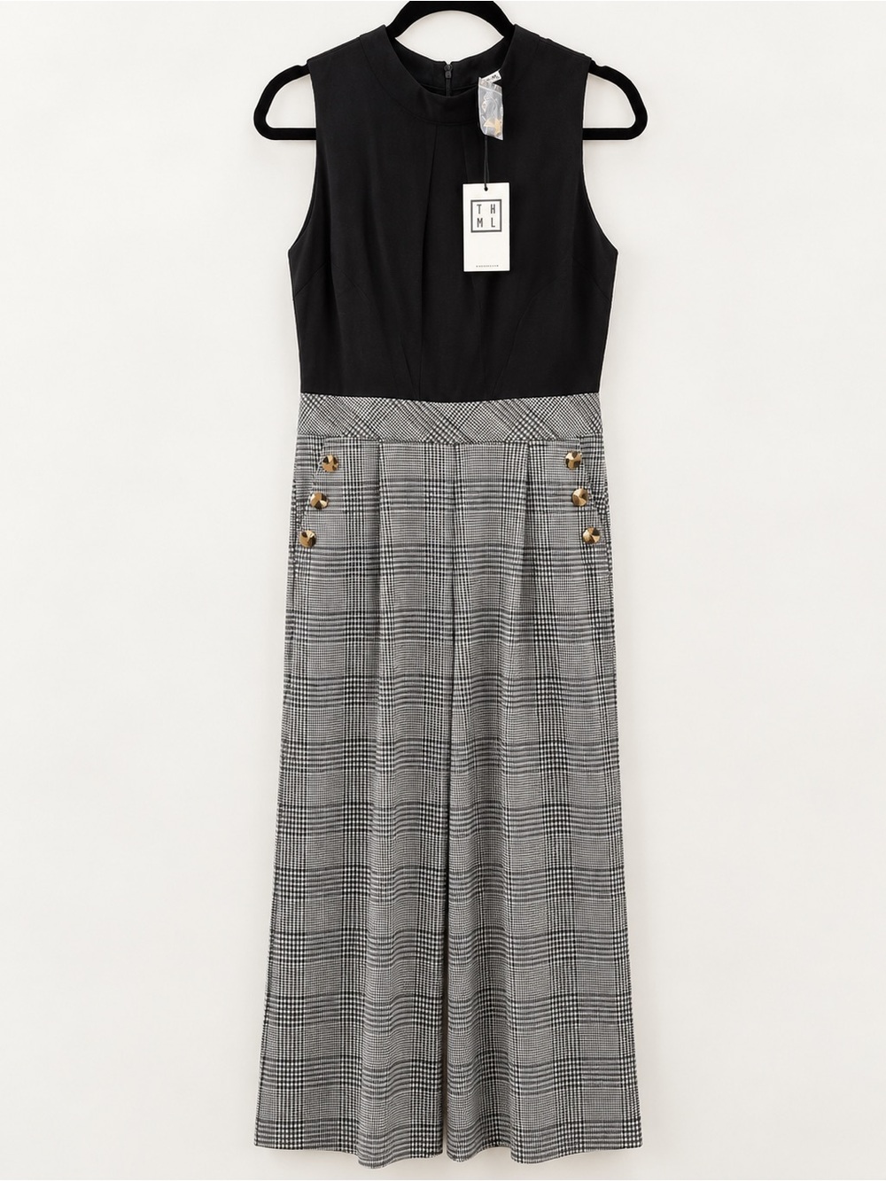 THML Black Top with Gray Plaid Wide-Leg Jumpsuit and Gold Buttons